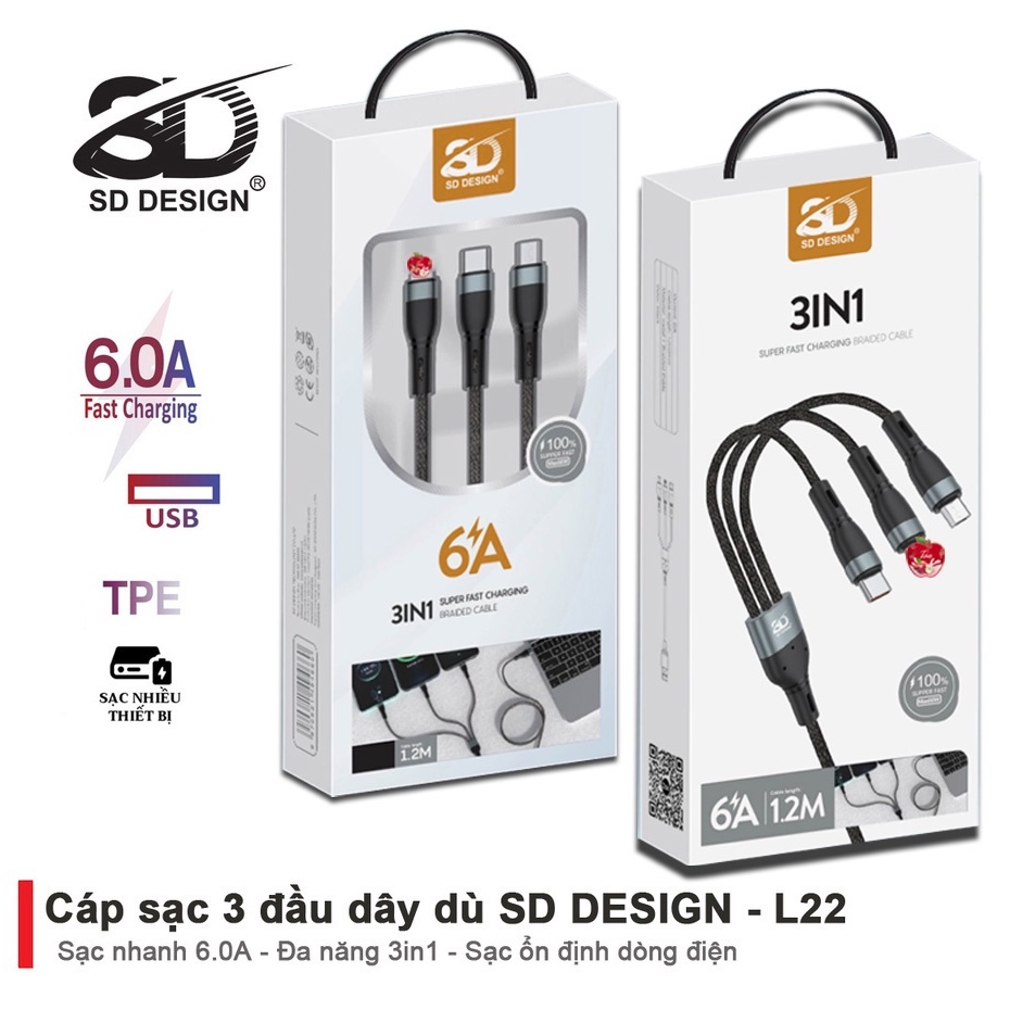 Cáp Sạc 3 Đầu L22 SD Design Đa Năng 3 in 1 Micro Type C Dây Bện Dù Siêu Bền Dùng Cho SS, Oppo, Xiaomi, Redmi, Realme, ..