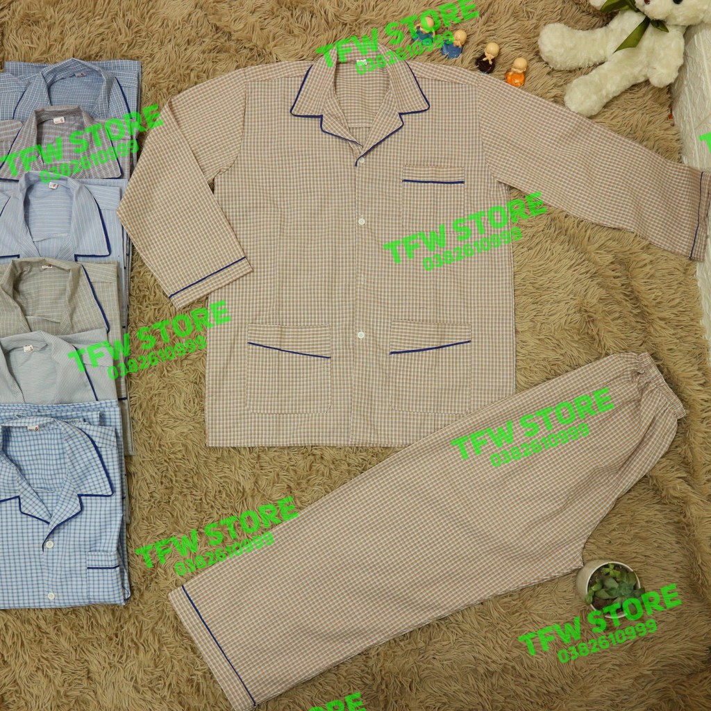 Bộ pijama nam trung niên vải kate kẻ sọc (pyjama, dài tay), quần áo mặc nhà, bộ ngủ cho ông, cho bố - Hàng VN