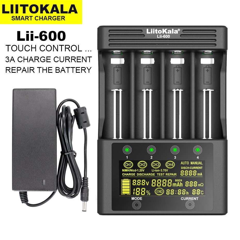 Bộ Liitokala Lii-600 sạc và test pin đa năng Pin NiMH Lithium 18650 3.7V 18350 18500 21700 25500 26650 AA AAA