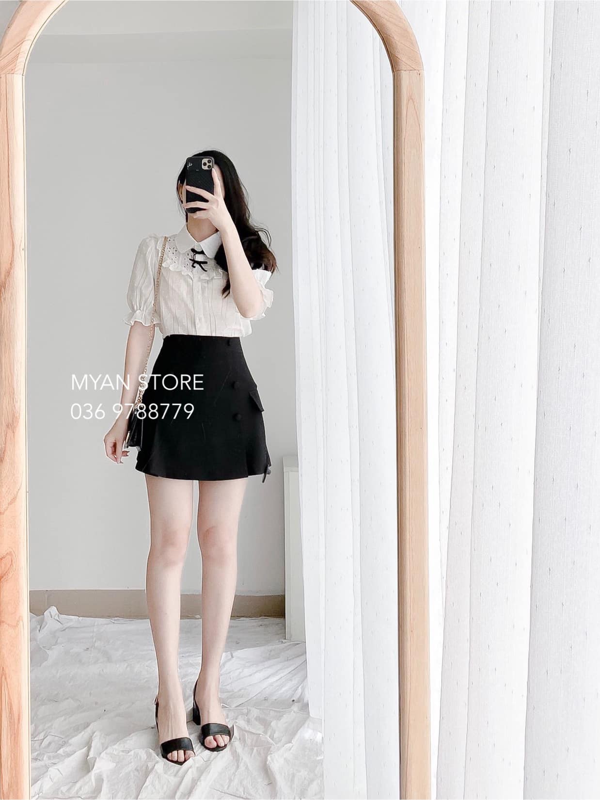 Áo sơ mi thô cổ sen phối thô thêu Avn042107
