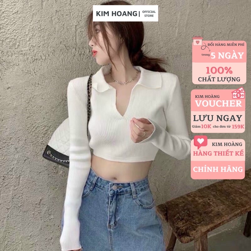 Áo Croptop Cổ Polo Dài Tay Chất Len Tăm Dây Buộc Sau Cá Tính