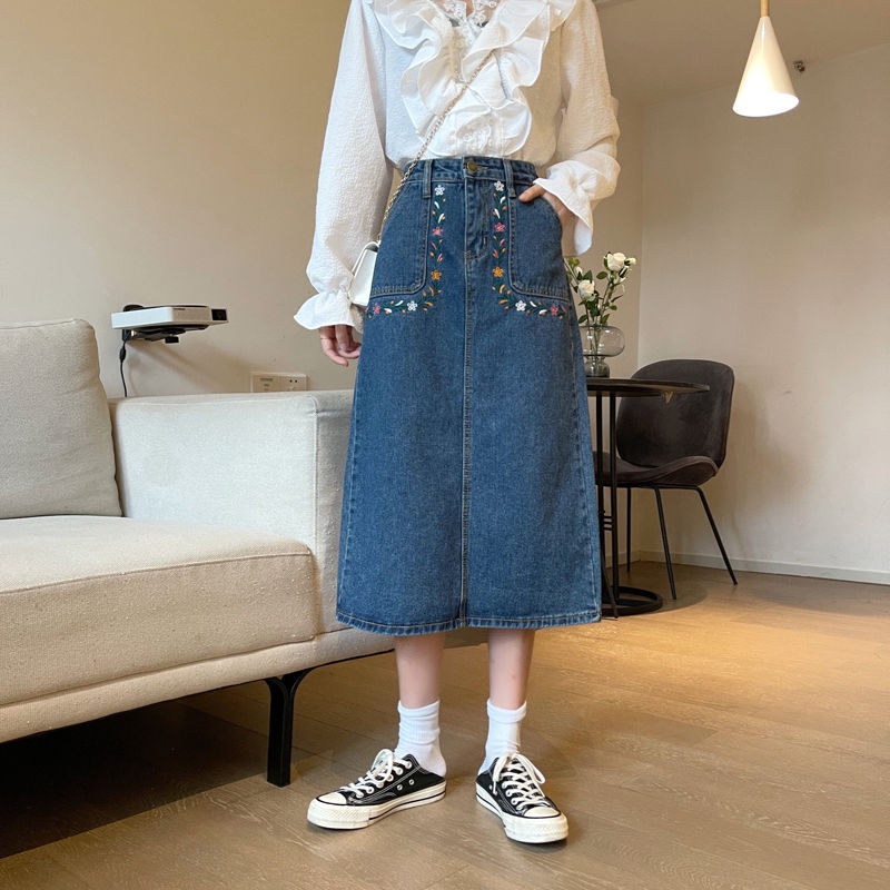 Chân váy jean Dáng Chữ A Lưng Cao Thêu Họa Tiết Thời Trang Mùa Hè Cho Nữ