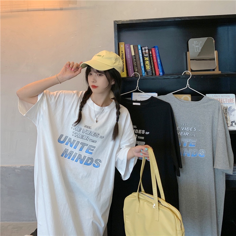 Đầm Thun Ngắn Tay Dáng Rộng In Chữ Đơn Giản Thời Trang Mùa Hè Cho Nữ