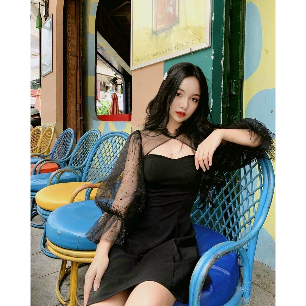 Đầm phối lưới tay bồng