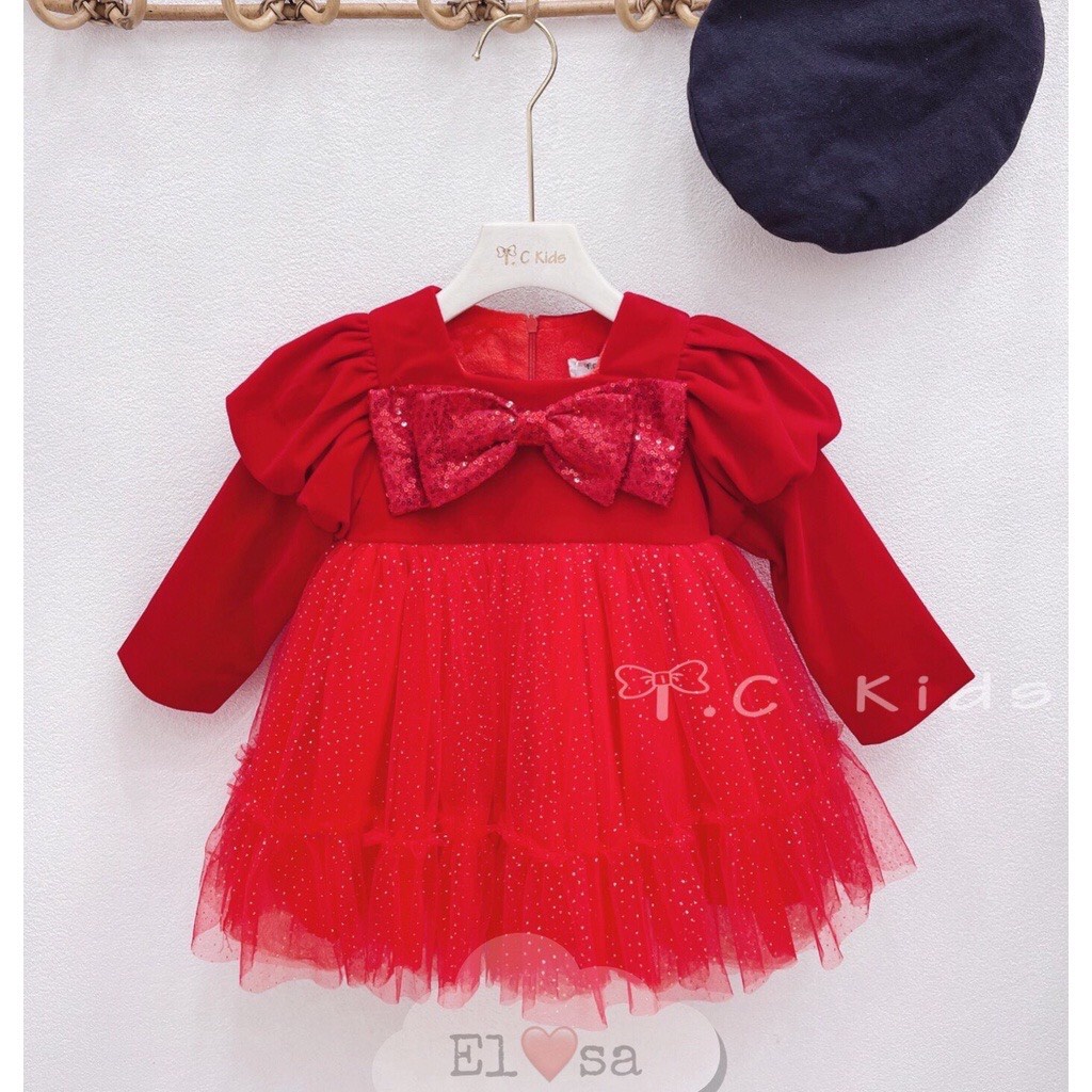 Váy bé gái thu đông tay bồng kiểu công chúa chân váy kim sa đính nơ đẹp bồng bềnh , Đầm bé gái công chúa mặc tết, noel