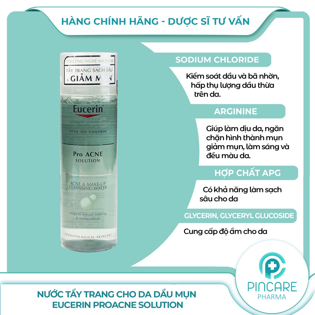 Nước tẩy trang cho da dầu mụn Eucerin ProAcne Solution Acne &amp; Make Up Cleansing Water 200ml - Hàng chính hãng - Nhà thuố