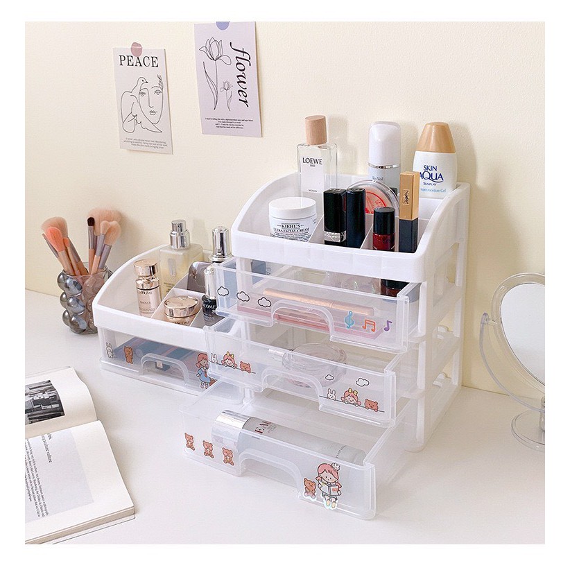 Kệ đựng đồ dùng, mỹ phẩm đa năng bằng nhựa 4 tầng có ngăn kéo trong suốt - Kèm STICKER