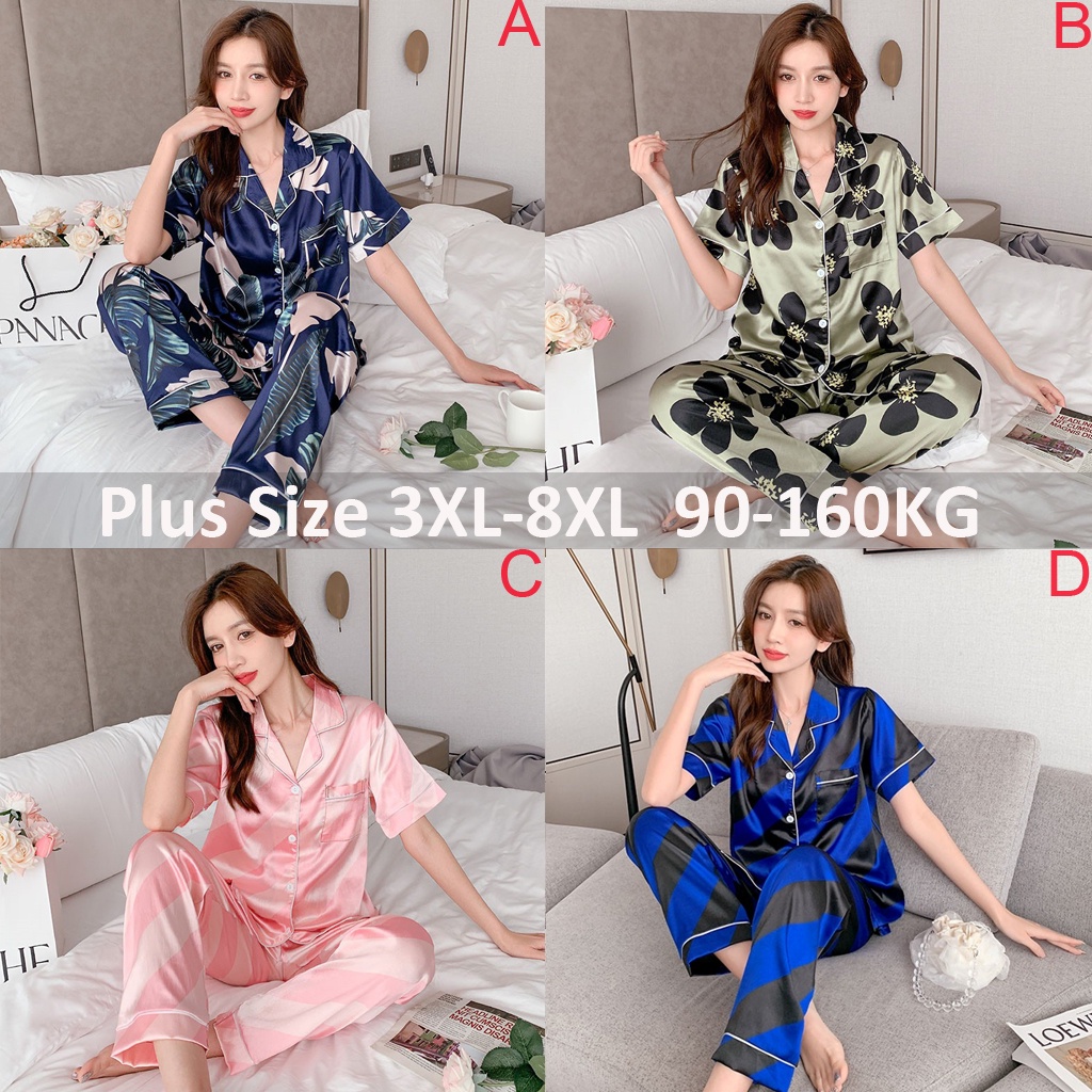 Bộ Đồ Ngủ Bằng Lụa Satin Tay Ngắn Dáng Rộng Kích Thước 3XL-8XL Thời Trang Hàn Quốc Cho Nữ