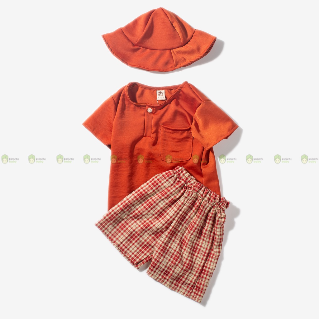[KÈM MŨ] Set Bộ Thô Đũi Trơn Bé Trai Cúc Ngực Quần Kẻ, Bộ Quần Áo Cho Bé Mặc Đi Chơi CK21