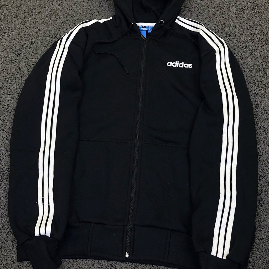 Áo Khoác Hoodie Adidas Phối Khóa Kéo Và 3 Sọc Màu Đen Thời Trang Cho Nam Nữ