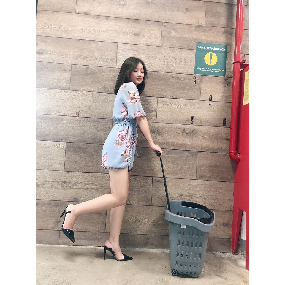 Jumpsuit Hoa Tay Lỡ Cổ V (Xanh)