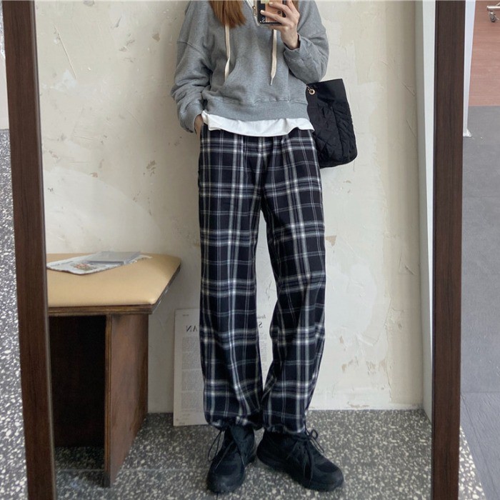 Plaid trousers, women's women's trousers, casual pants, women's thin, versatile, high-waist, drape wide-leg pants