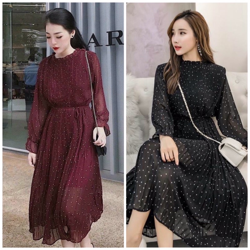 Đầm bầu thu đông suông dáng dài xếp li váy bầu công sở VM Mom