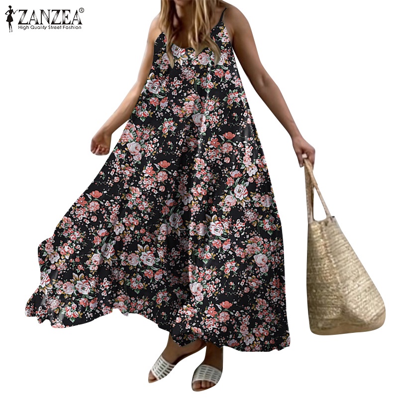 Đầm maxi Zanzea cổ chữ v in họa tiết hoa phong cách bohemian châu âu thời trang thích hợp cho nữ