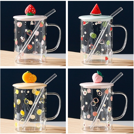 Cốc thủy tinh chanh vàng đào hồng dưa hấu dâu tây trong CSD11a gia dụng vintage cute dễ thương