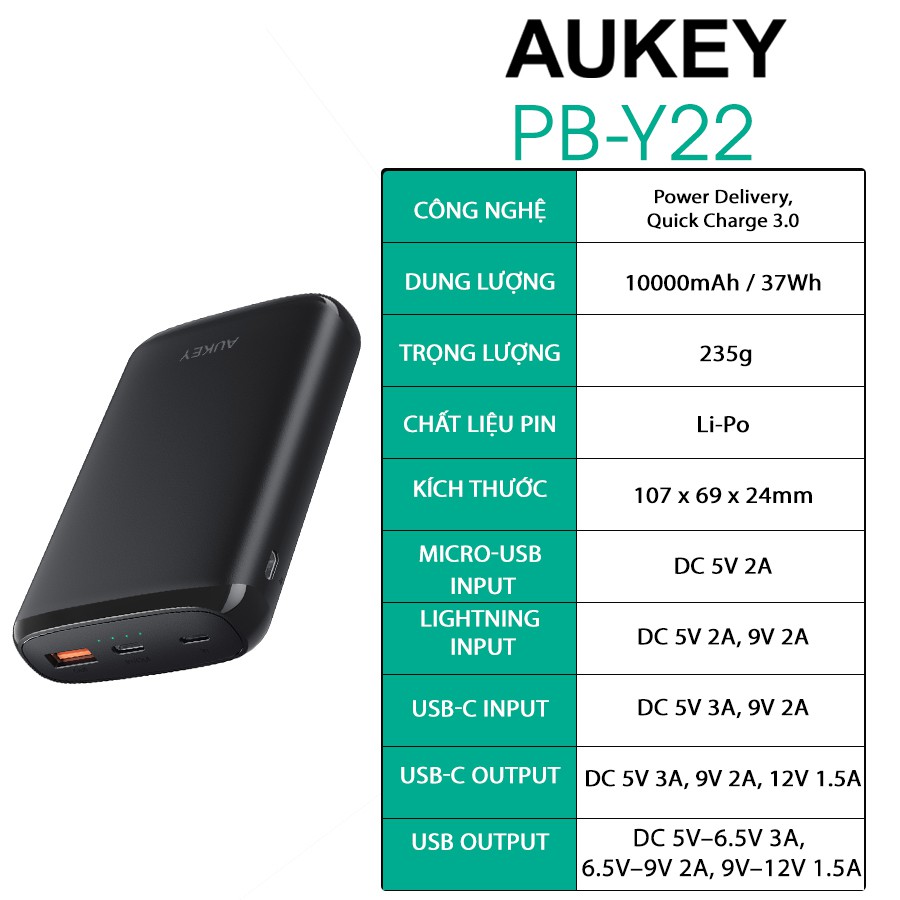Pin sạc dự phòng AUKEY PB-Y22 Sạc Nhanh Quick Charge 3.0 Kèm Cổng Type C PD 18W | BigBuy360 - bigbuy360.vn