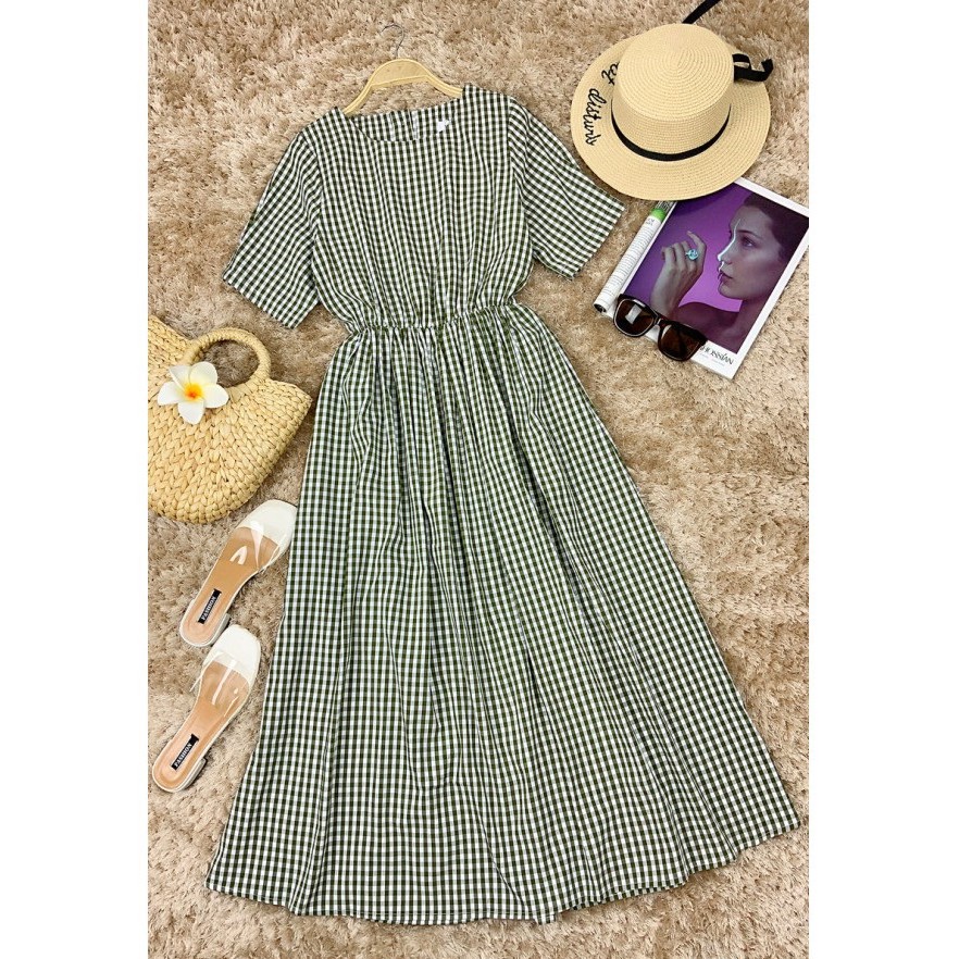 Đầm maxi caro tay ngắn khoét eo cài nút sau, phù hợp dạo phố, đi chơi, đi sinh nhật chụp hình kỷ yếu
