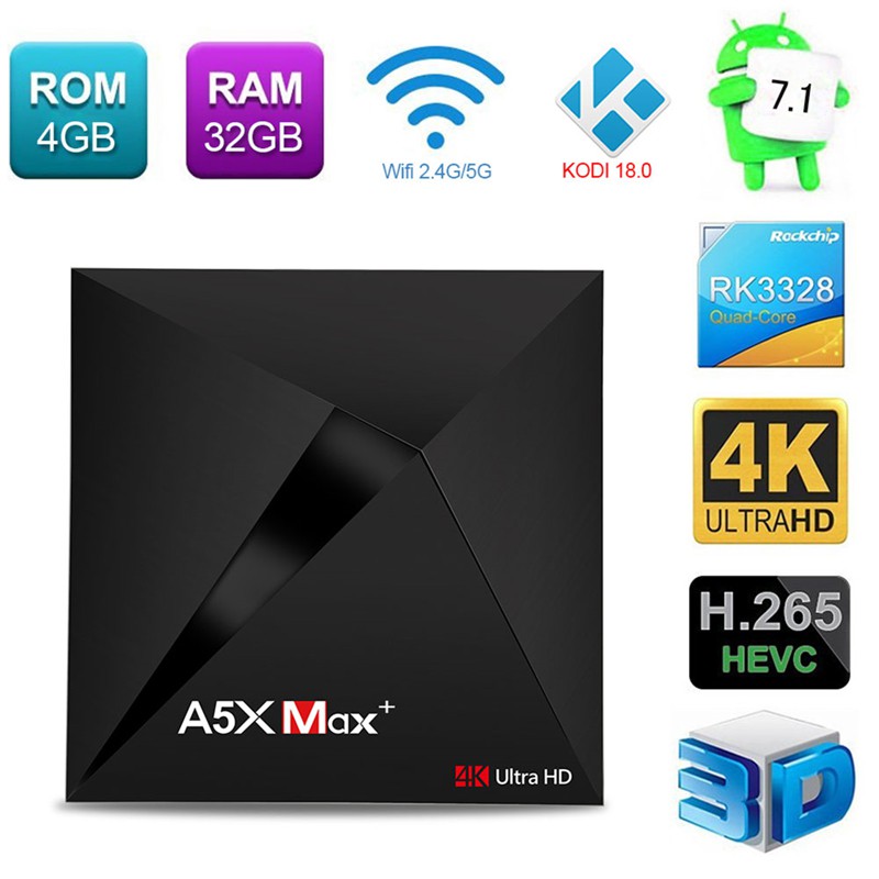 Thiết Bị Chuyển Đổi Tv Thường Thành Smart Tv A5X Max + 4Gb Ram 32Gb Rom Smart Android 7.1 Tv Box Rk3328 2.4G / 5G Dual