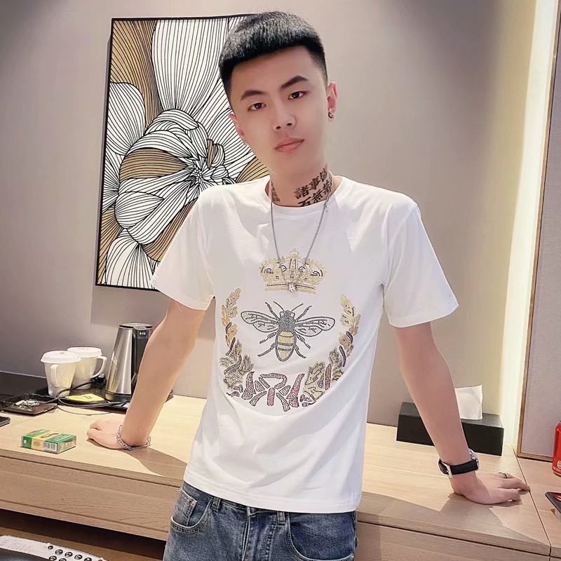 Áo thun tay ngắn cổ tròn in hình lá và ong đính đá thờI trang Hàn Quốc cho nam 2021 size S-5XL