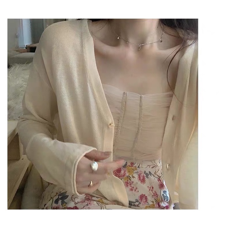 Quần áo chống nắng mỏng đi biển mùa hè dành cho nữ có cardigan, hương thơm nhỏ, áo sơ mi dệt kim lụa băng ngắn, đầu thu