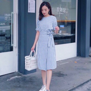 Đầm váy freesize caro xanh biển đắp tà