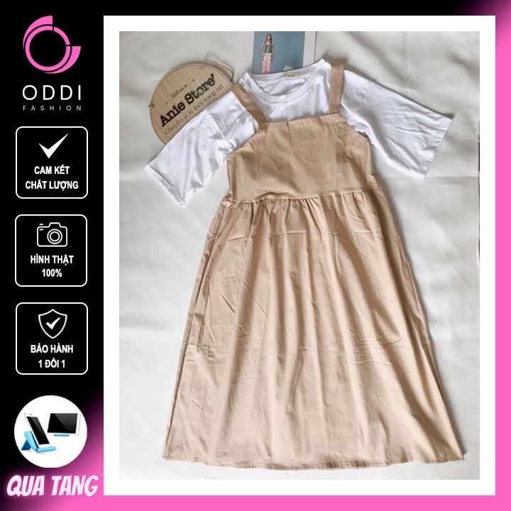 SÉT VÁY YẾM VINTAGE HÀN QUỐC BỘ YẾM KAKI MÀU BE DÀI KÈM ÁO THUN COTTON DÁNG RỘNG ODDI FASHION ODF09