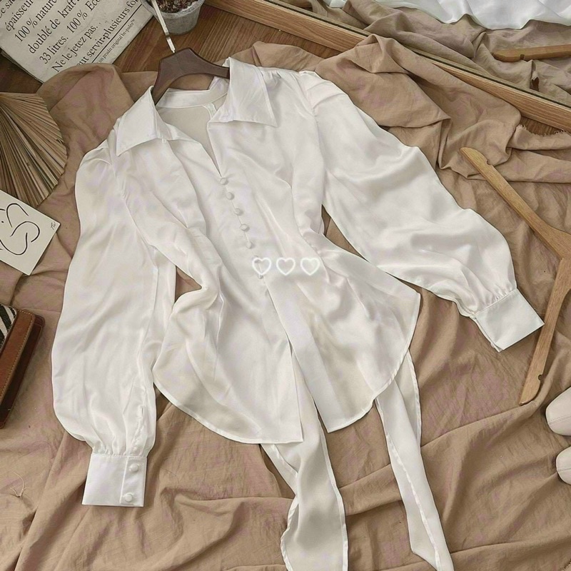 ÁO SƠ MI SATIN SIÊU HOT, ÁO KIỂU SƠ MI XẺ TÀ CỘT NƠ SAU SANG CHẢNH