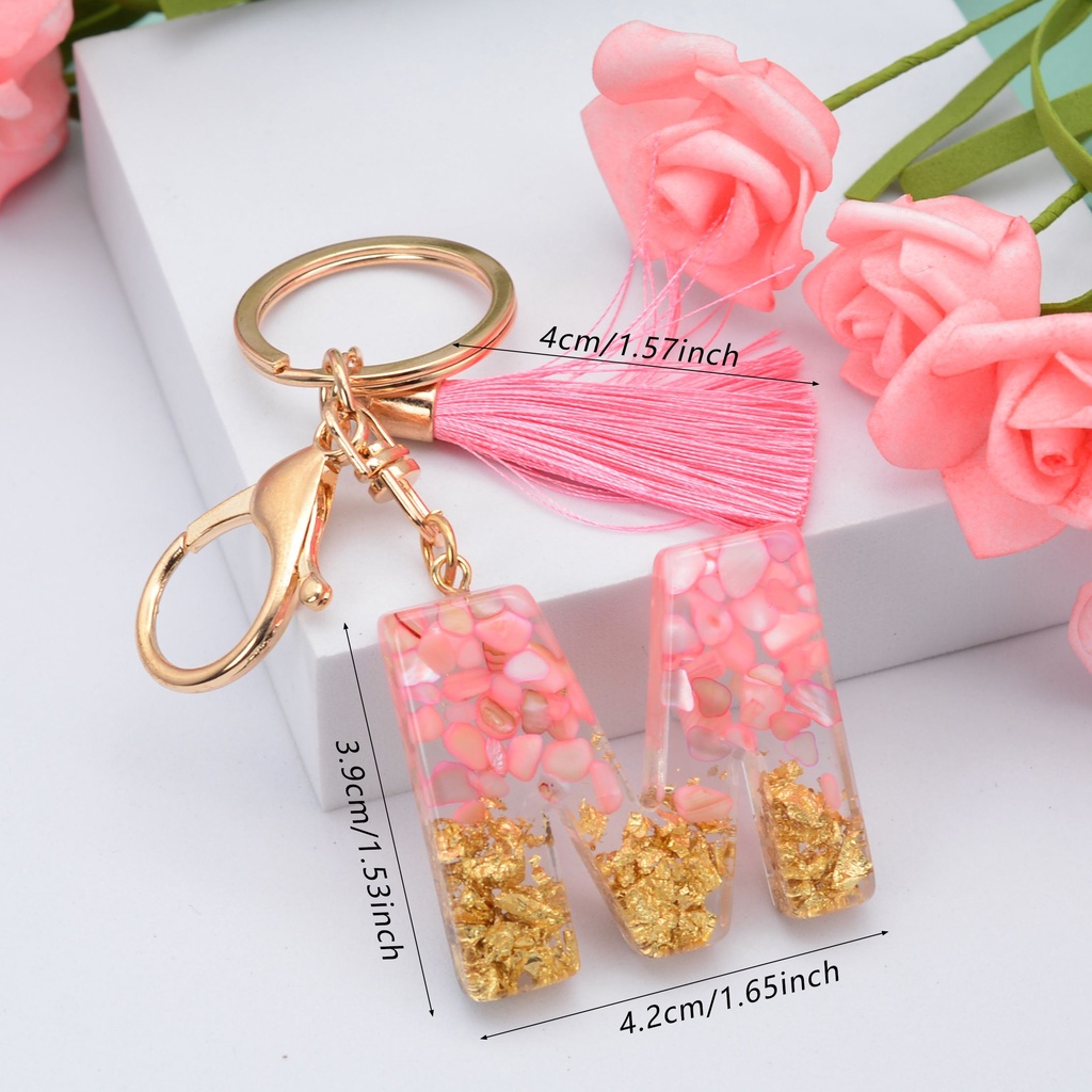 Móc Khóa Kim Tuyến Phối Tua Rua Họa Tiết Chữ Cái Dễ Thương