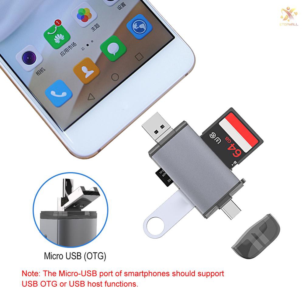 Đầu Đọc Thẻ Nhớ Usb Type-C Micro Usb &amp; Usb 2.0 6 Trong 1 Có 2 Khe Cắm Thẻ Tf / Sd