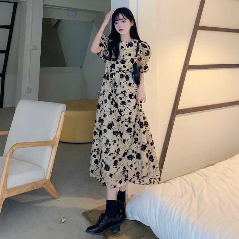 Đầm PERTY cổ tròn tay ngắn phồng họa tiết hoa thời trang mùa hè xinh xắn dành cho nữ