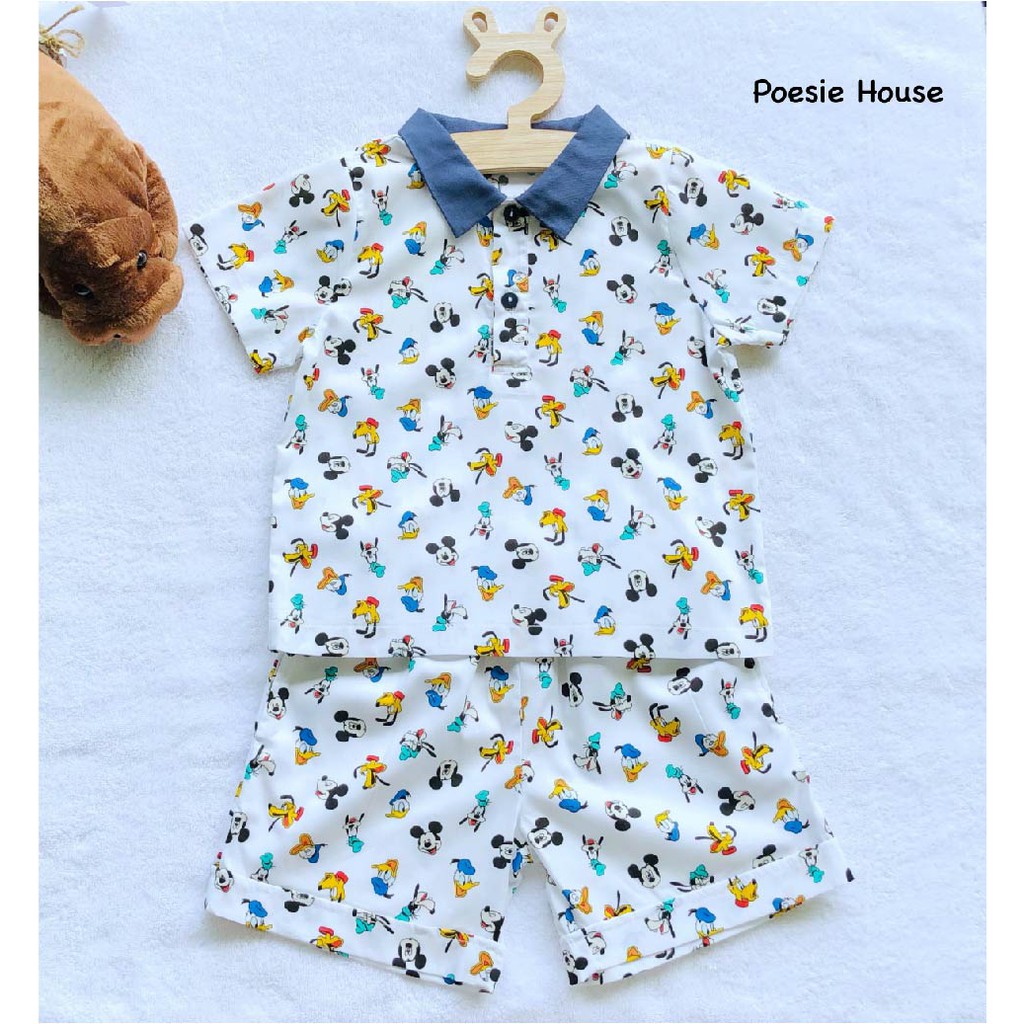Set quần áo Mickey, Donald, Goofy Poesie House dành cho bé trai từ 1-4 tuổi, may thủ công, 100% cotton, linen