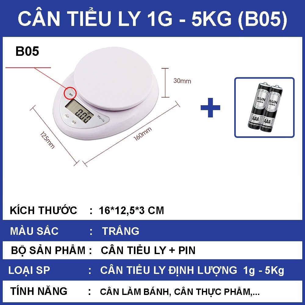 Cân tiểu ly điện tử tối đa 5kg, chạy bằng pin - Độ chính xác cao