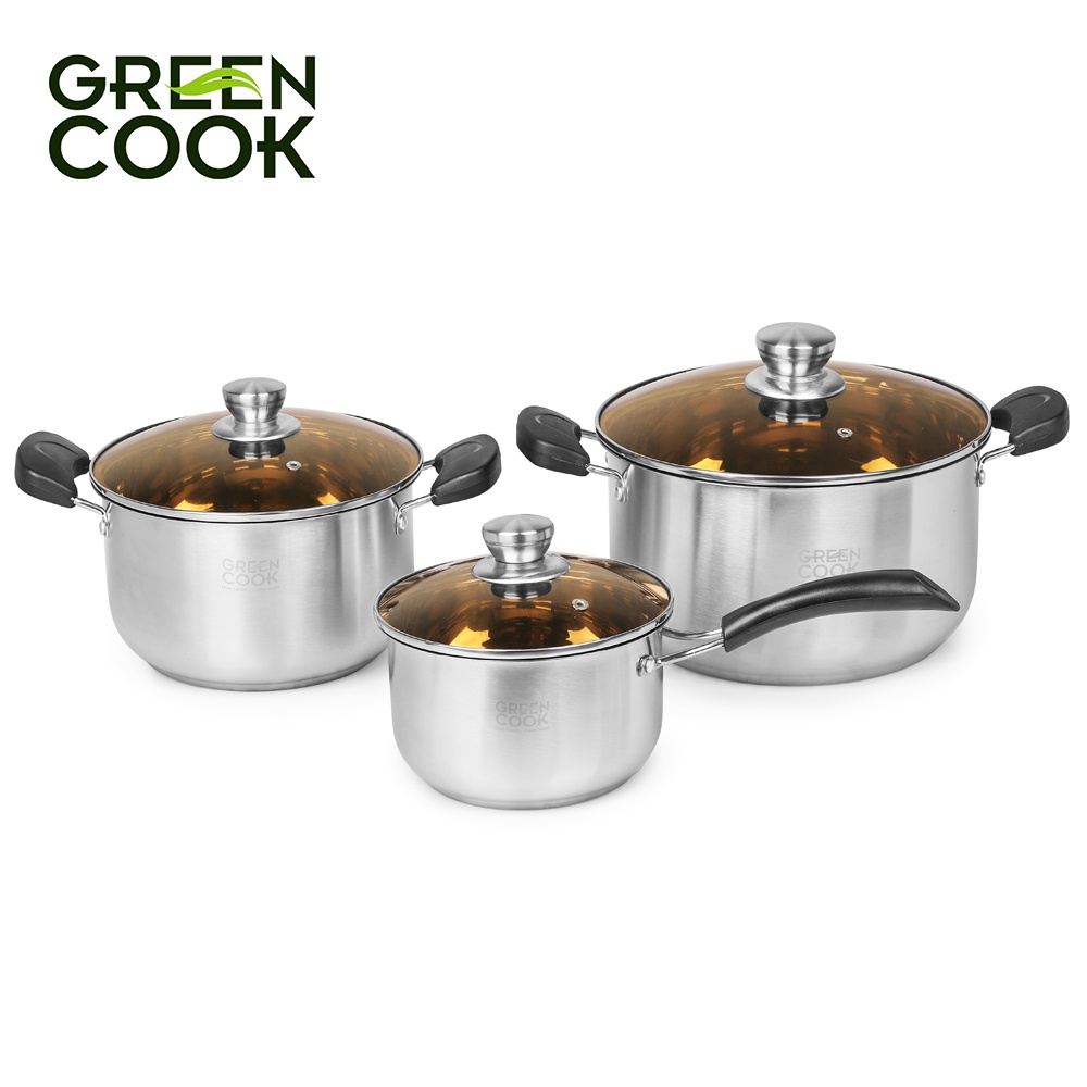 Bộ nồi inox 3 đáy Green Cook GCS08-T1 gồm 3 món (2 nồi 1 quánh) sử dụng được trên bếp từ - Hàng chính hãng