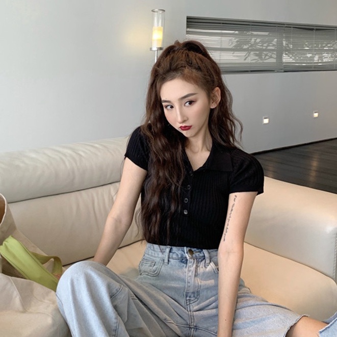 Áo thun nữ IHKKE dáng ôm tay ngắn cổ polo thời trang
