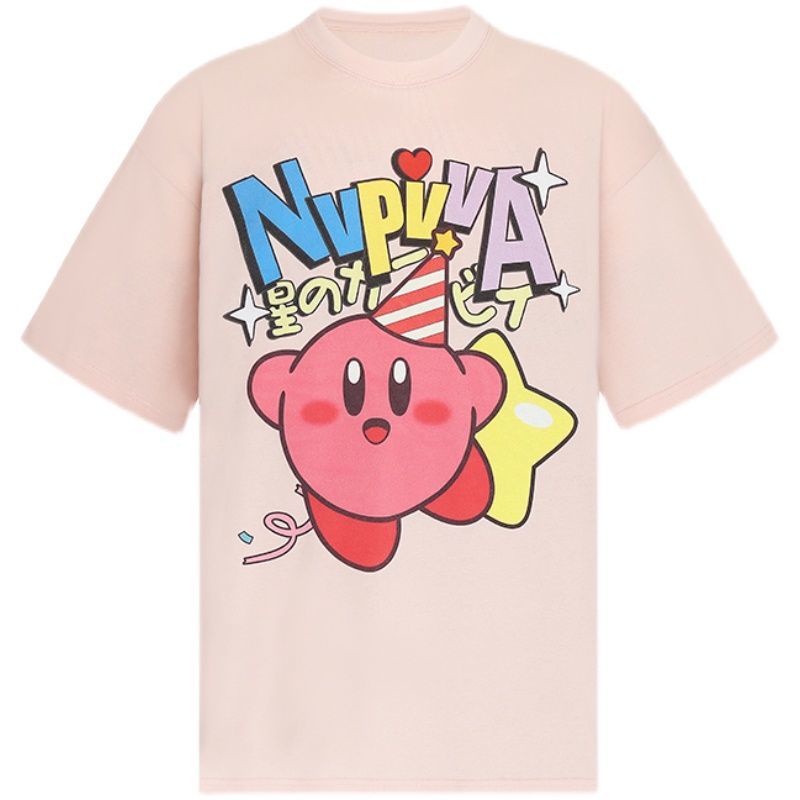 Áo Thun 100% cotton Tay Ngắn Dáng Rộng In Hoạt Hình Kirby Cá Tính Cho Nam Nữ