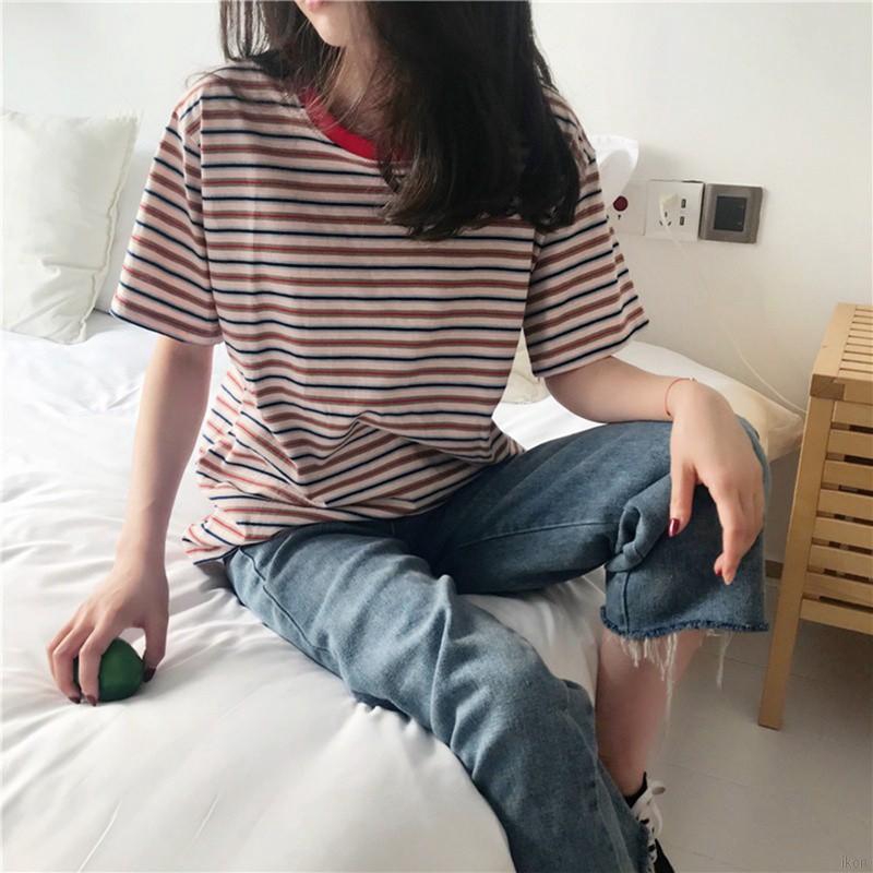 Áo thun nữ cổ tròn sọc ngang phong cách Hàn Quốc váy