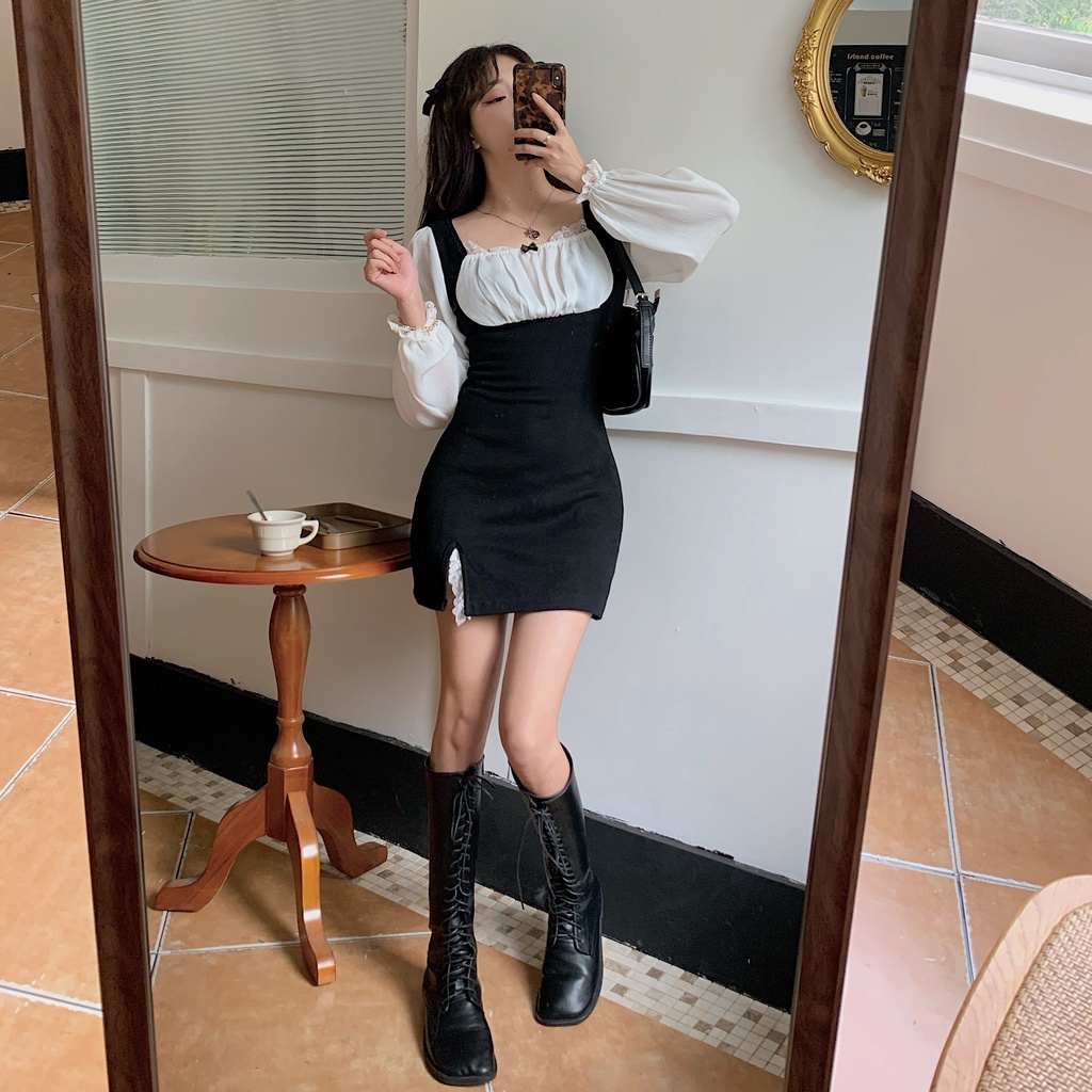 Đầm 2 mảnh dáng ôm xẻ tà tay phồng cổ vuông phối ren tương phản thời trang Pháp cho nữ | BigBuy360 - bigbuy360.vn