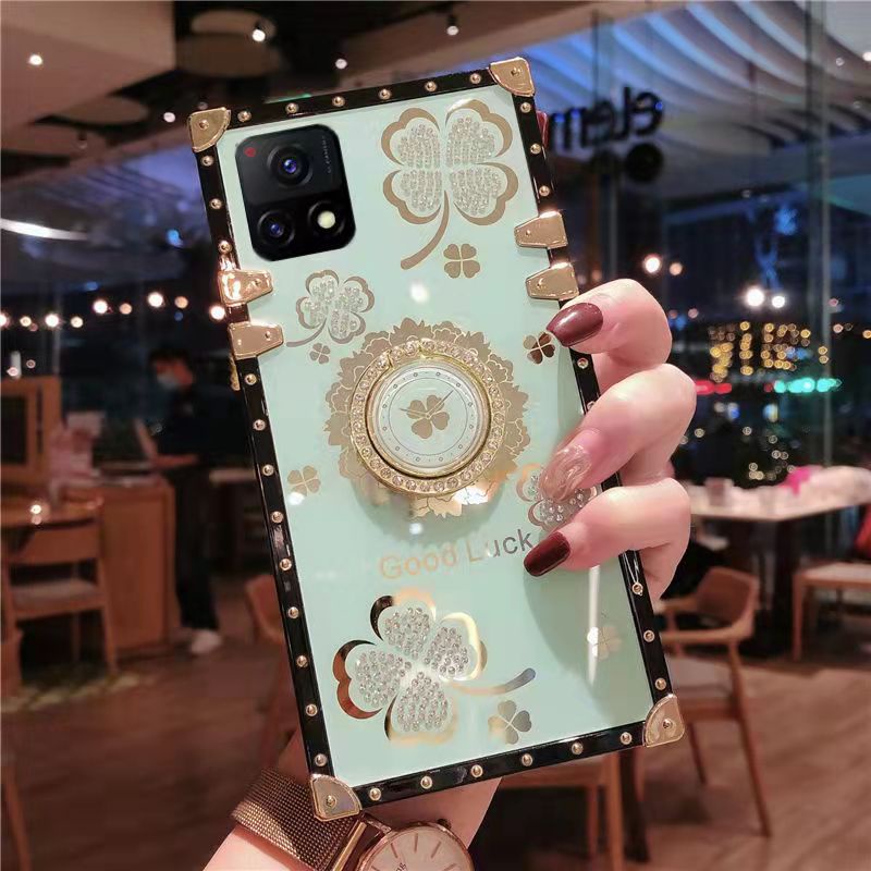 Ốp Điện Thoại Hình Vuông Đính Đá Lấp Lánh Kèm Giá Đỡ Cho Oppo A55 A15 A15S A16 A9 A53 A33 A5s A3s A12 A31 A52