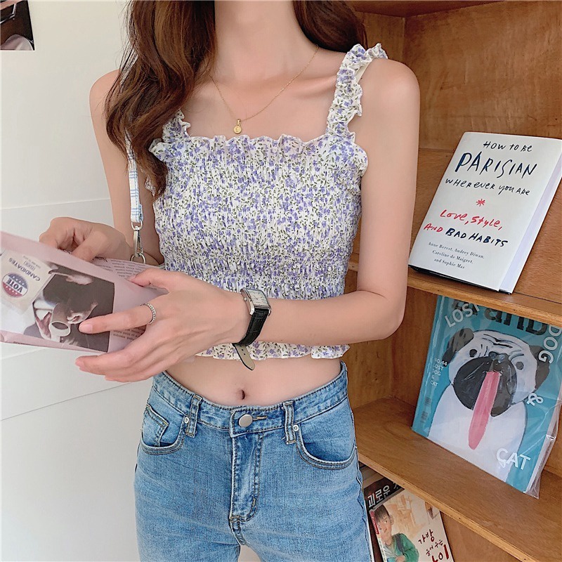 【ZHELIHANGFEI】 / Áo Hai Dây Họa Tiết Hoa Gấp Gọn Eo Hẹp Eo Quyến Rũ Cho Nữ