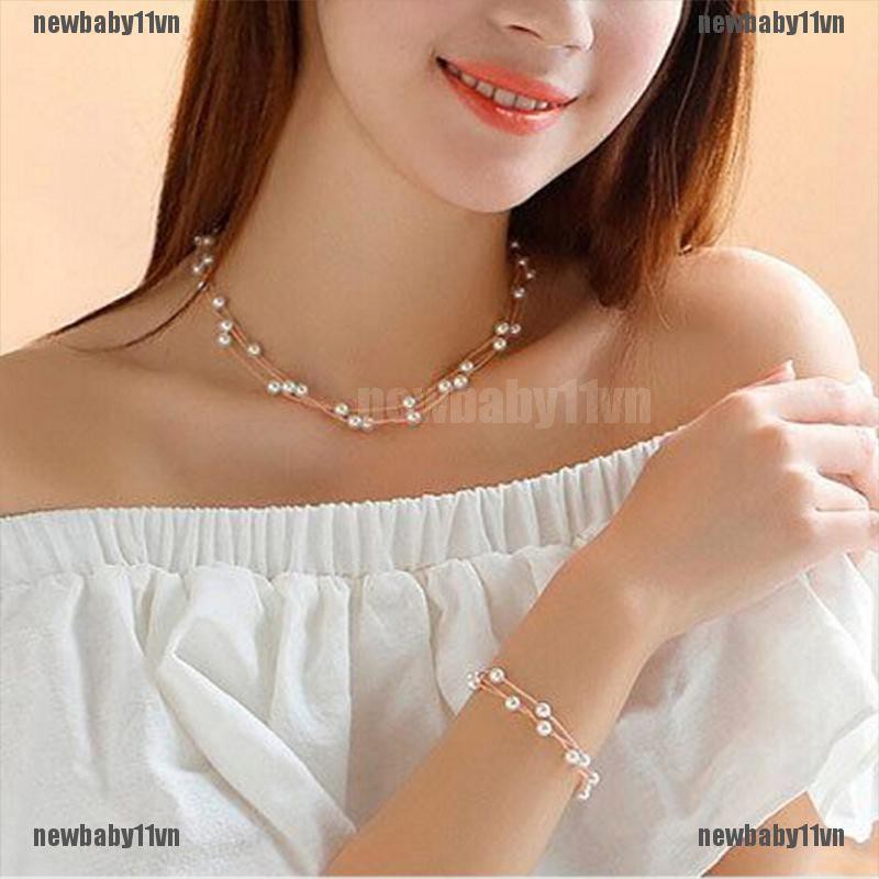 Bộ dây chuyền bông tai và vòng tay mạ bạc đính ngọc trai nhân tạo thời trang