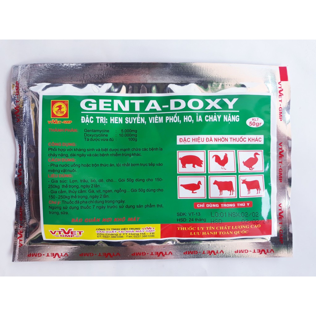 Đặc trị các bệnh hen suyễn, viêm phổi, ho, tiêu chảy nặng ở trâu, bò, lợn, gà, vịt-Thuốc Genta Doxy (50g)