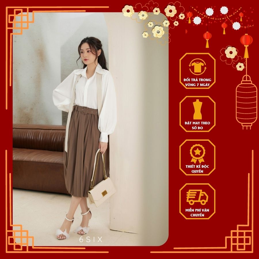 [6SIX Closet] Áo sơ mi nữ dài tay công sở chất lụa ngọc trai tay bồng