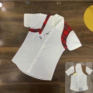 Áo sơmi cộc tay Mcqueen pha vai kẻ đỏ vàng hot 2021