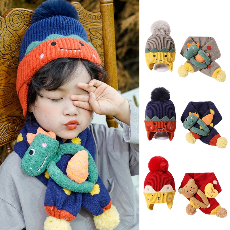 Mũ Len Trùm Tai Kèm Khăn Choàng Cổ Giữ Ấm Hình Động Vật Hoạt Hình Dễ Thương Thời Trang Mùa Đông Cho Bé Gái