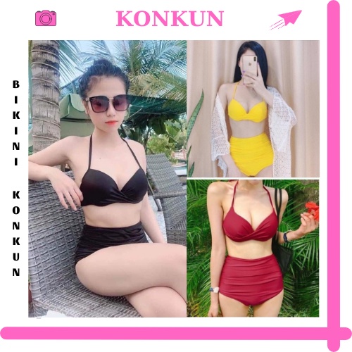 Bikini 2 mảnh áo gọng nâng ngực phối quần lưng cao che bụng KONKUN MS10
