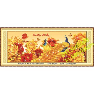 tranh thêu chữ thập chim công khai hoa phú quý kt 150x63