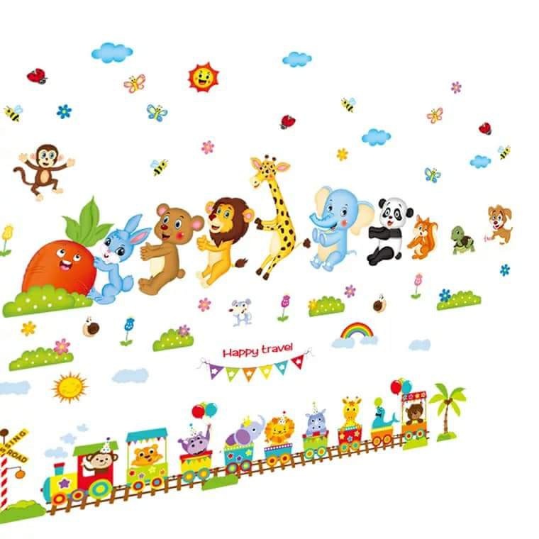 decal dán tường combo thú nhổ củ và xe lửa