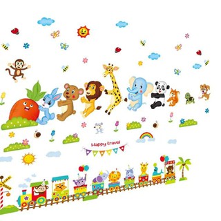 Decal dán tường combo thú nhổ củ và xe lửa