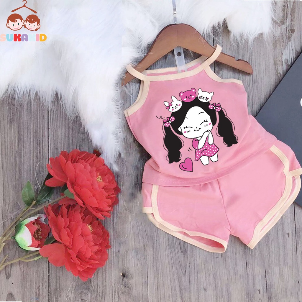Bộ đồ 2 dây hình bé gái cột tóc đáng yêu từ 6kg đên 30kg.BDBG60.