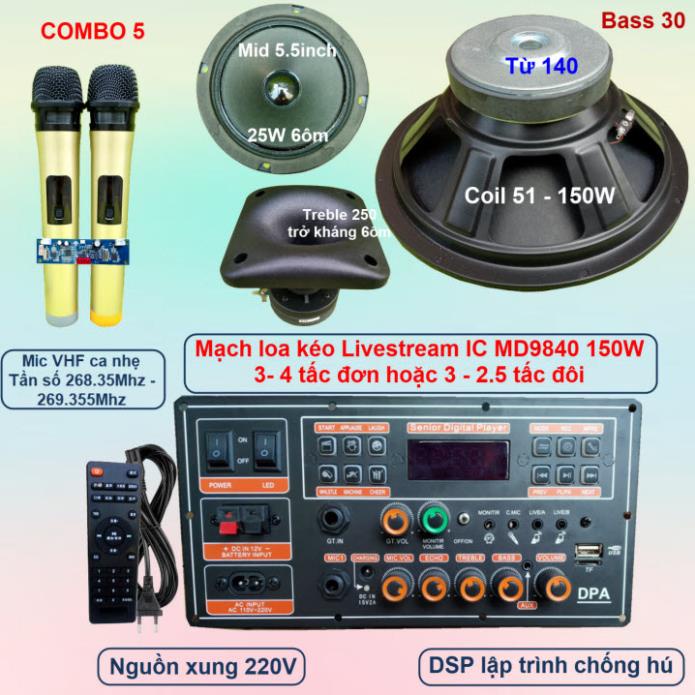 Mạch loa kéo 3 tấc đơn 3 đường tiếng LIVESTREAM DSP lập trình chống hú IC MD9840 150W có nguồn xung